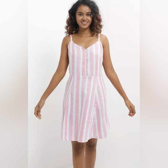 GAP Sleeveless V-Neck Button Front Linen Blend Pink & White Stripe Mini Dress- M - Picture 2 of 11